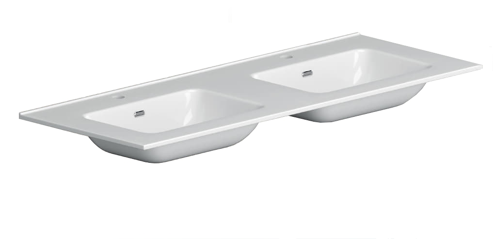 Nook keramisch wastafelblad 121x46 glans wit, met 2 kommen, 2 kaangaten