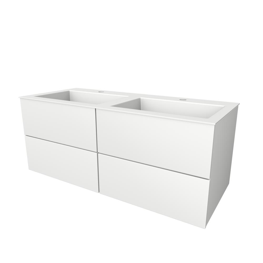 Semi greeploze onderkast met  vier lades, 120 cm breed, 51 cm diep, 2 kraangaten. Wit glans