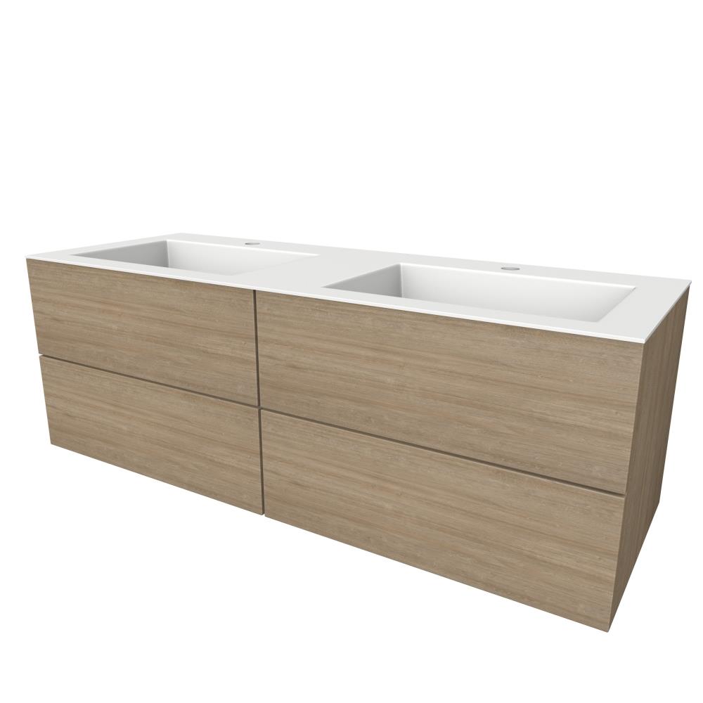 Semi greeploze onderkast met  vier lades, 140 cm breed, 51 cm diep, 2 kraangaten. Eiken natuur