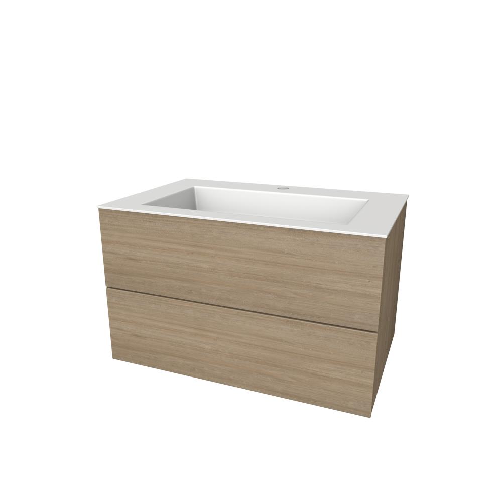 Semi greeploze onderkast met  twee lades, 80 cm breed, 51 cm diep, 1 kraangat. Eiken natuur