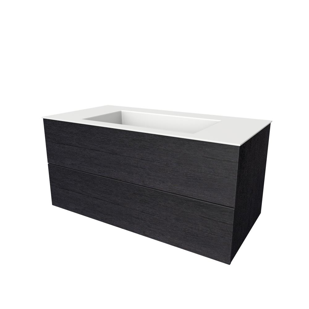 Semi greeploze onderkast met  twee lades, 100 cm breed, 51 cm diep, zonder kraangat. Antraciet eiken