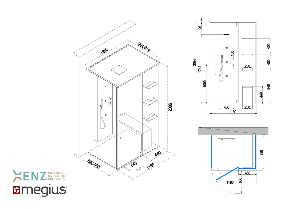 Xenz Megius opbouw stoomcabine rechts mat wit. Helder longlife glas. Kraan in mat zwart - UITLOPEND