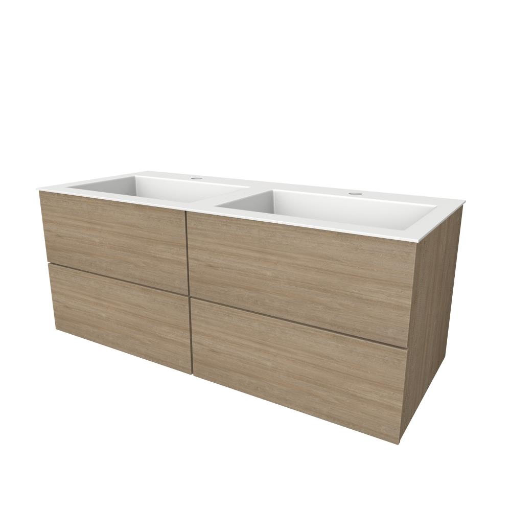 Semi greeploze onderkast met  vier lades, 120 cm breed, 51 cm diep, 2 kraangaten. Eiken natuur