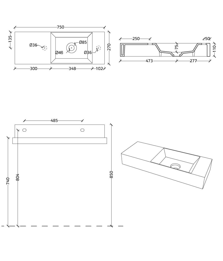Coco  toiletwastafel 75x27 cm, keramisch grijs mat
