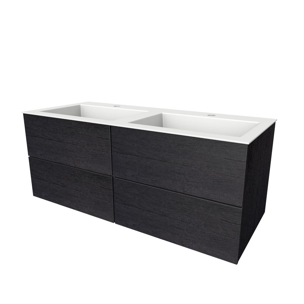 Semi greeploze onderkast met  vier lades, 120 cm breed, 51 cm diep, 2 kraangaten. Antraciet eiken