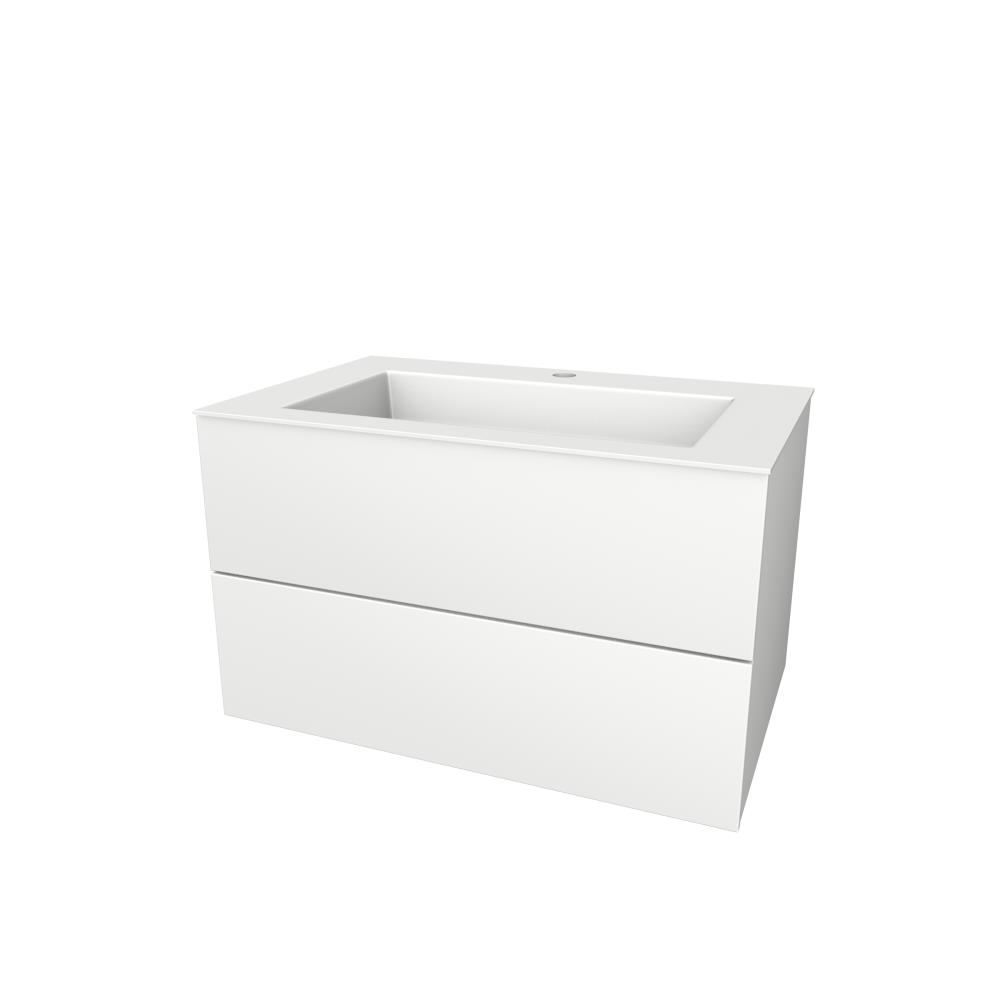 Semi greeploze onderkast met  twee lades, 80 cm breed, 51 cm diep, 1 kraangat. Wit glans