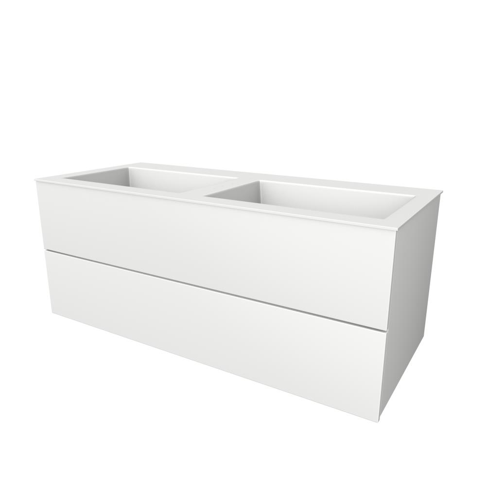 Semi greeploze onderkast met  twee lades, 120 cm breed, 51 cm diep, zonder kraangat. Wit glans
