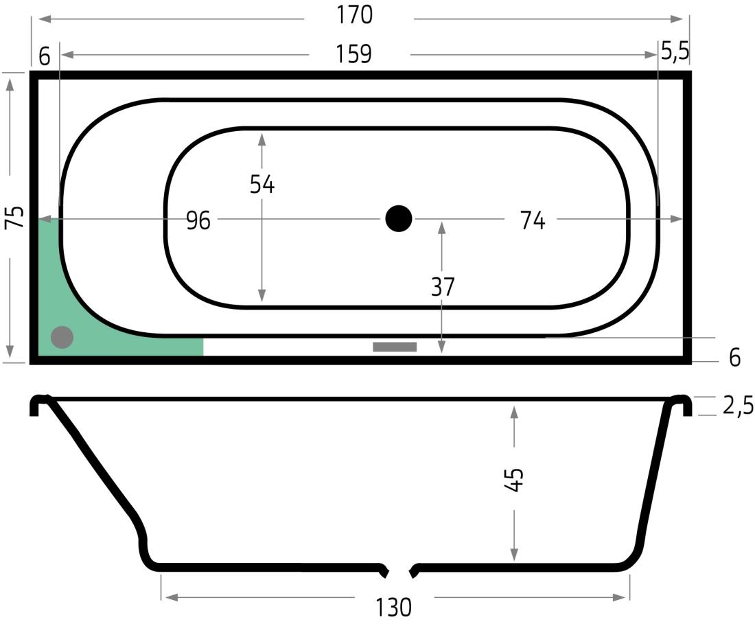 Aruba bad  170x75  cement, zonder overloop