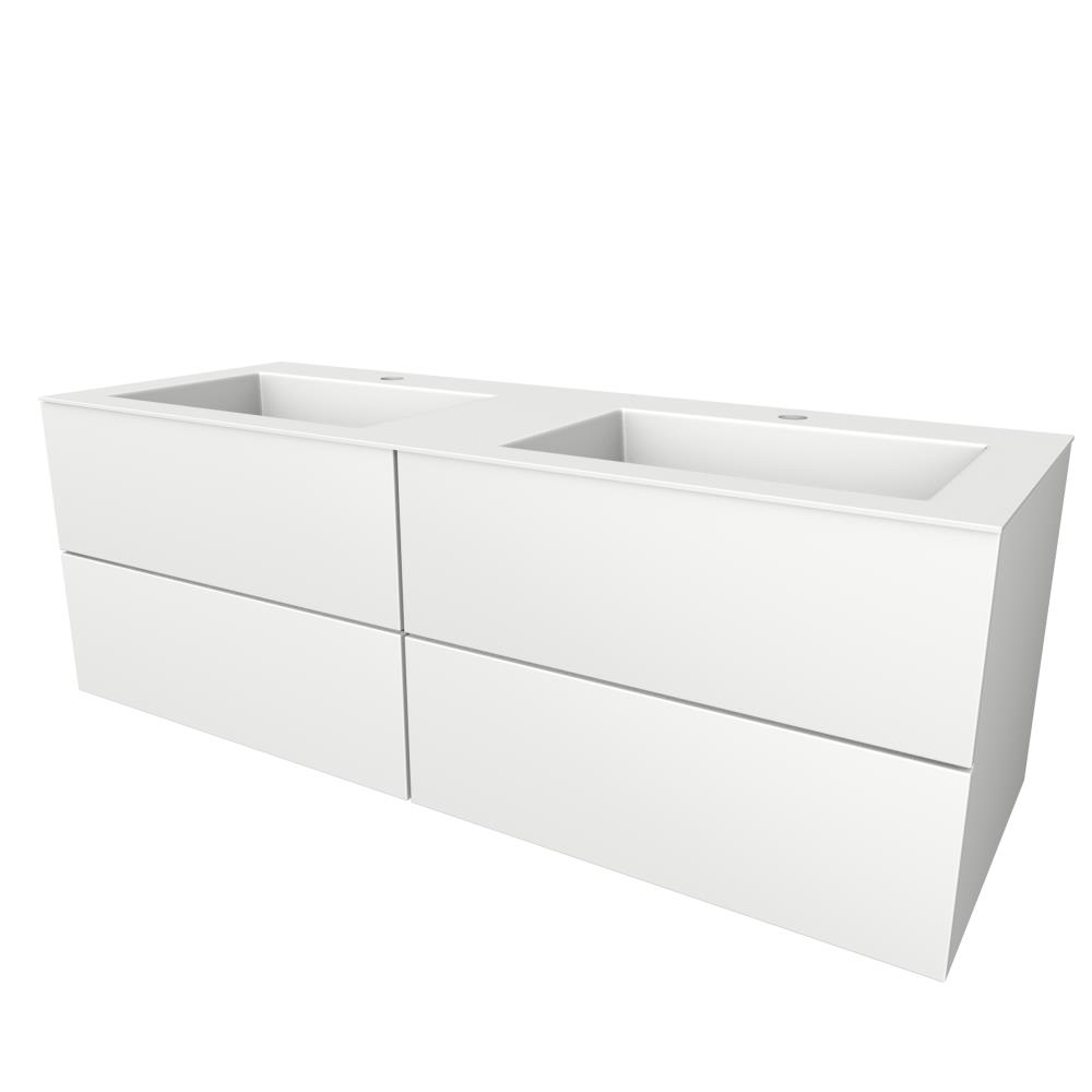 Semi greeploze onderkast met  vier lades, 140 cm breed, 51 cm diep, 2 kraangaten. Wit glans
