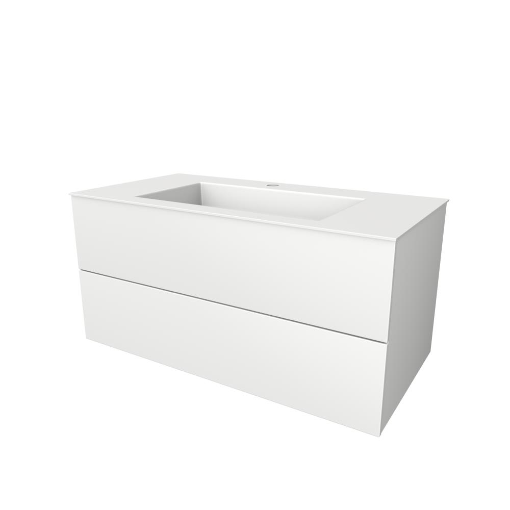 Semi greeploze onderkast met  twee lades, 100 cm breed, 51 cm diep, 1 kraangat. Wit glans