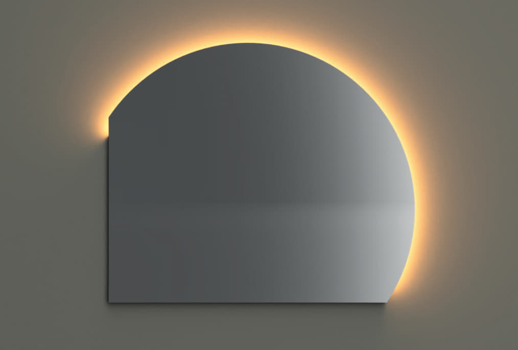 Mezzaluna spiegel 120x110, verlichting ronde kant, vlakke zijkant links onder