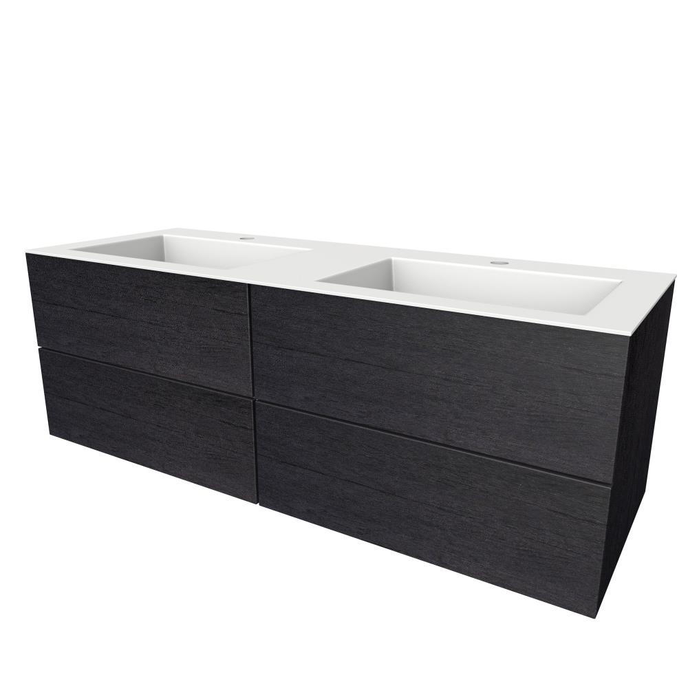Semi greeploze onderkast met  vier lades, 140 cm breed, 51 cm diep, 2 kraangaten. Antraciet eiken
