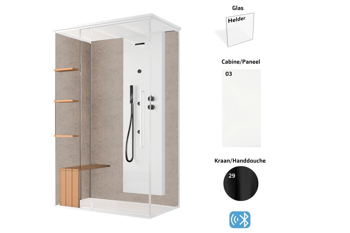 Xenz Megius opbouw stoomcabine links mat wit. Helder glas. Bluetooth. Kraan in mat zwart - UITLOPEND