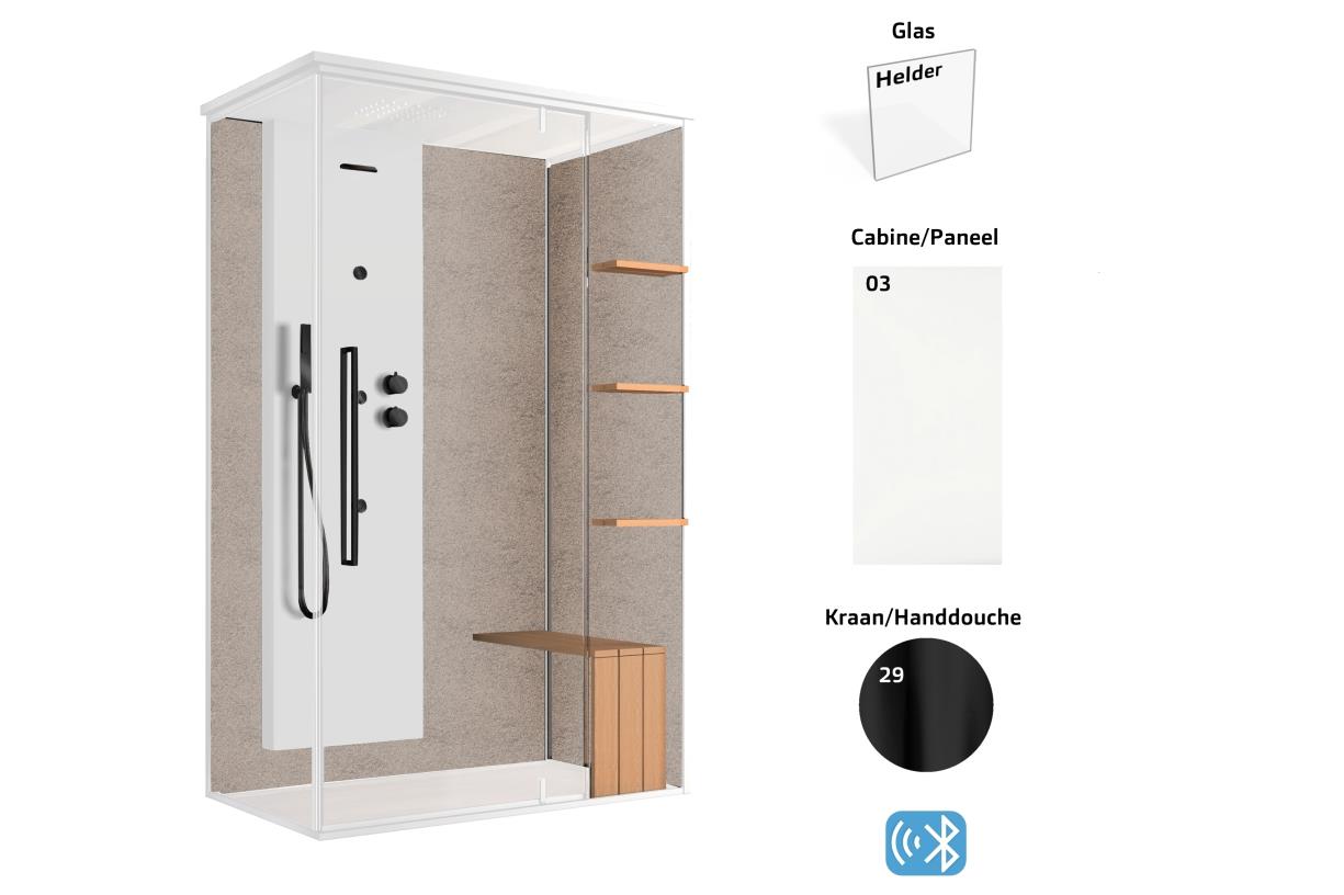Xenz Megius opbouw stoomcabine rechts mat wit. Helder glas. Bluetooth Kraan in mat zwart - UITLOPEND