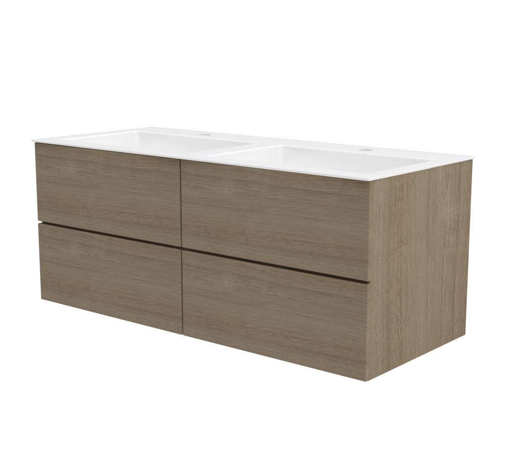 Semi greeploze onderkast met  4 lades, 120 cm breed, 40 cm diep, 2 kraangaten. Eiken natuur