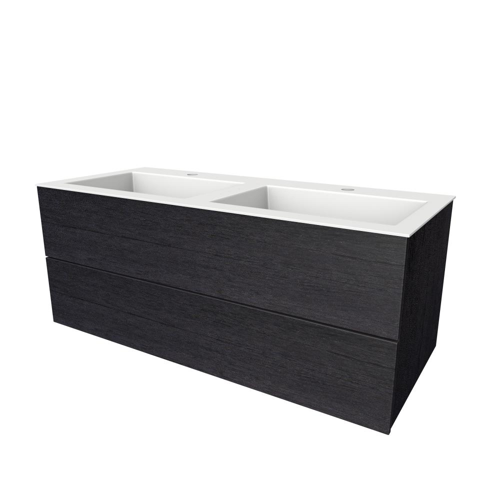 Semi greeploze onderkast met  twee lades, 120 cm breed, 51 cm diep, 2 kraangaten. Antraciet eiken