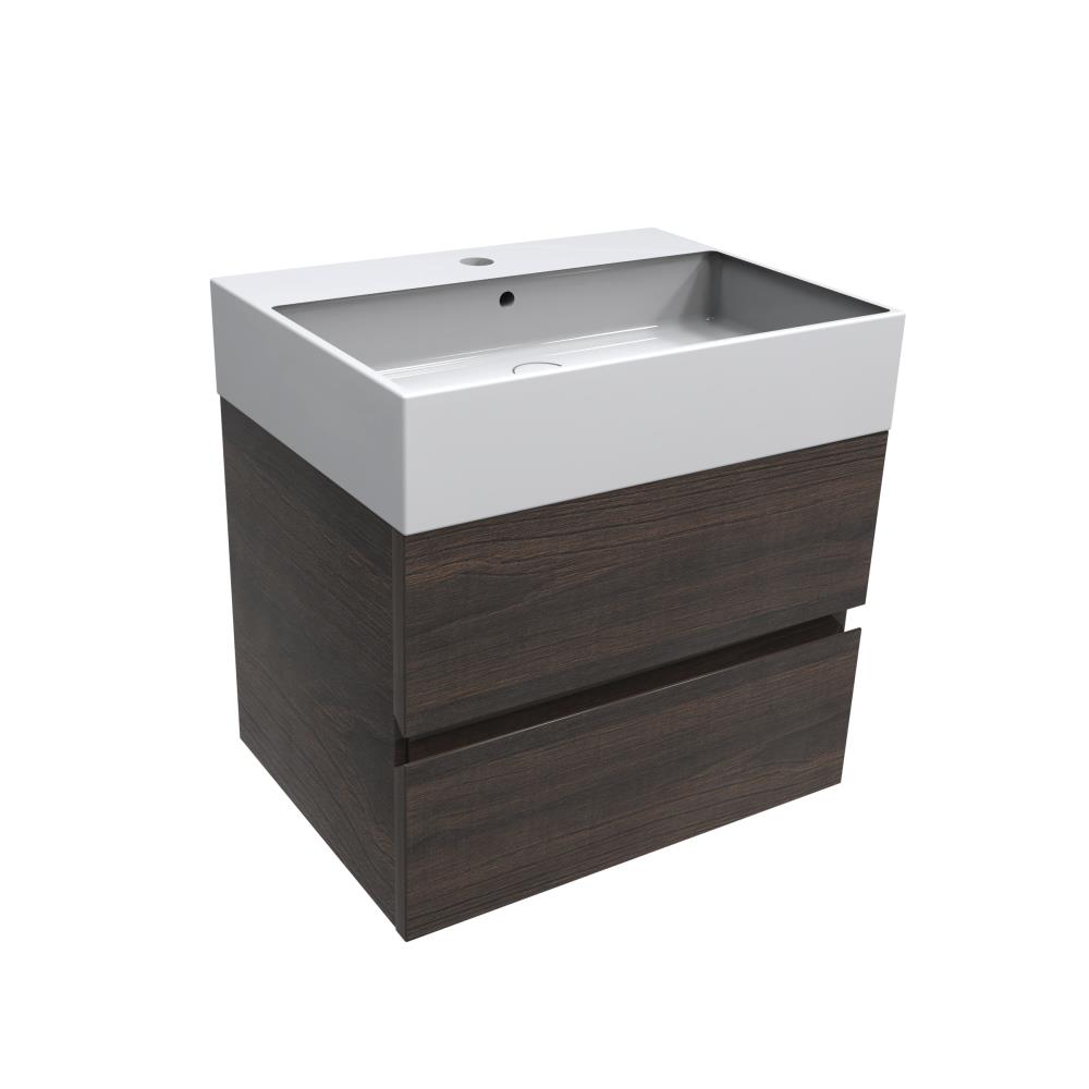 Onderkast met twee lades, 46,5 cm diep, wastafelblad, 1 kraangat. Donker eiken