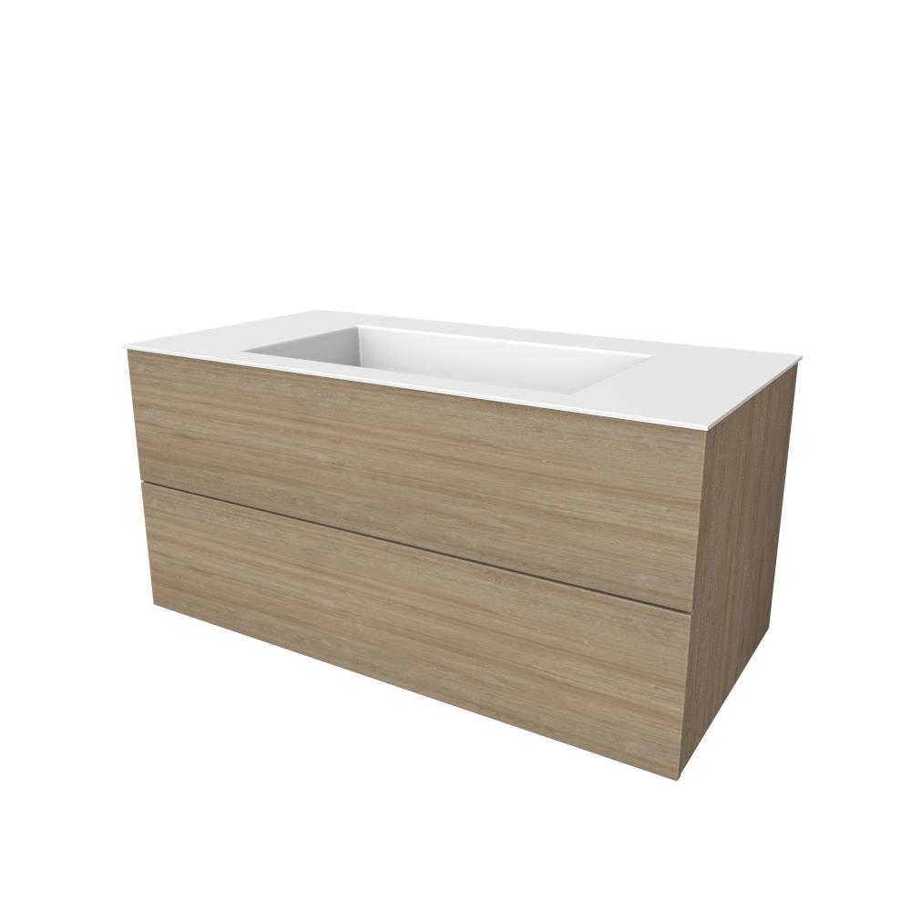 Semi greeploze onderkast met  twee lades, 100 cm breed, 51 cm diep, zonder kraangat. Eiken natuur